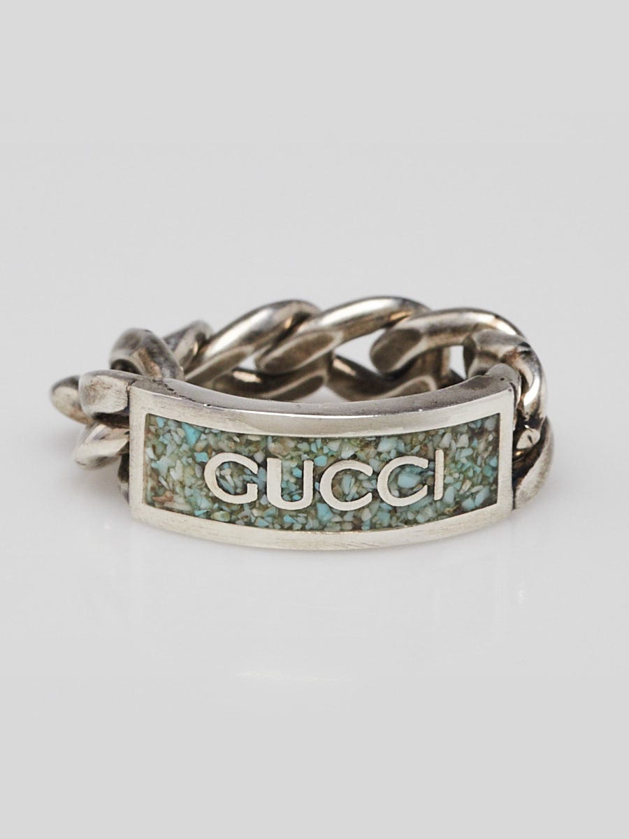 Gucci Silvertone Metal Chain Rope Logo Ring Size 7.5