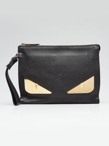 Fendi Black Pebbled Leather Monster Eyes Wristlet Bag 7VA491
