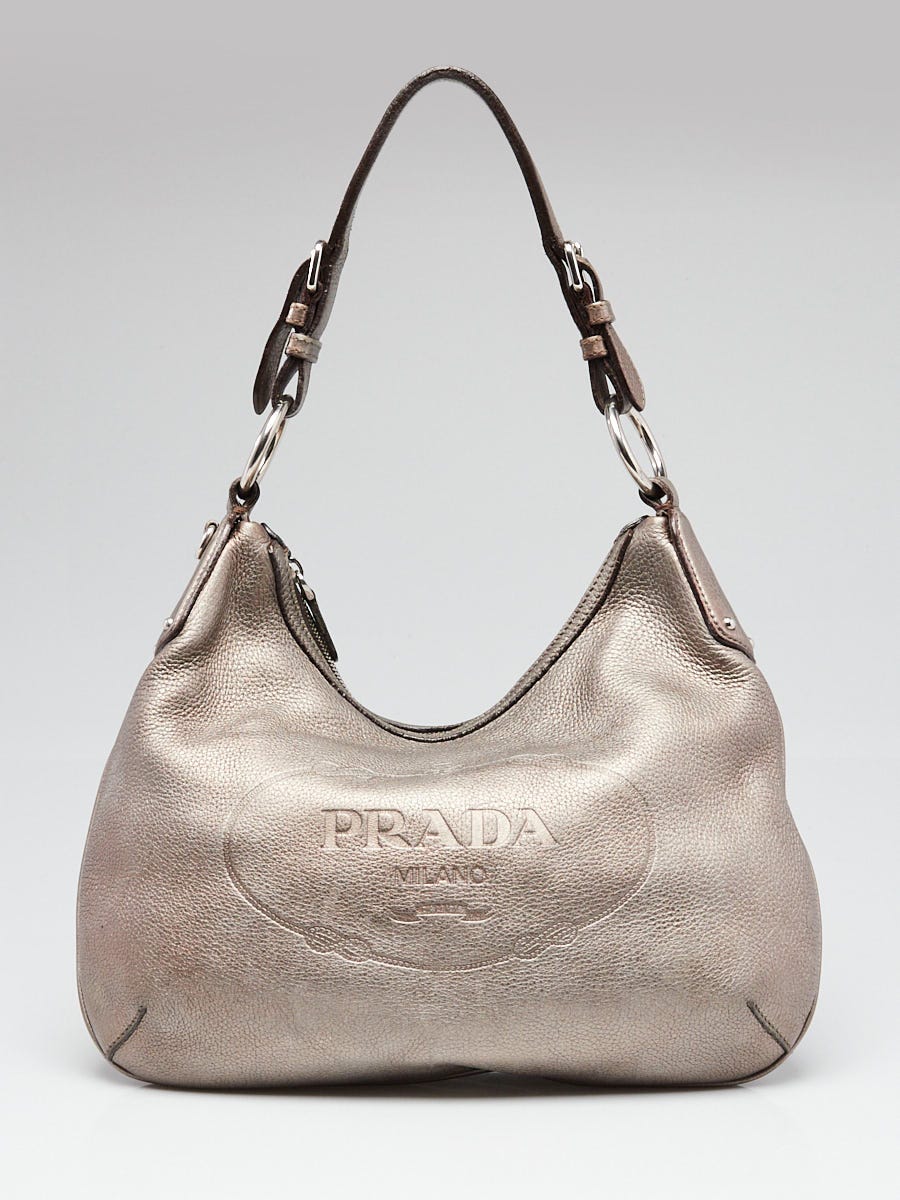Prada Pewter Vitello Daino Leather Zip Top Hobo Bag | Yoogi's Closet