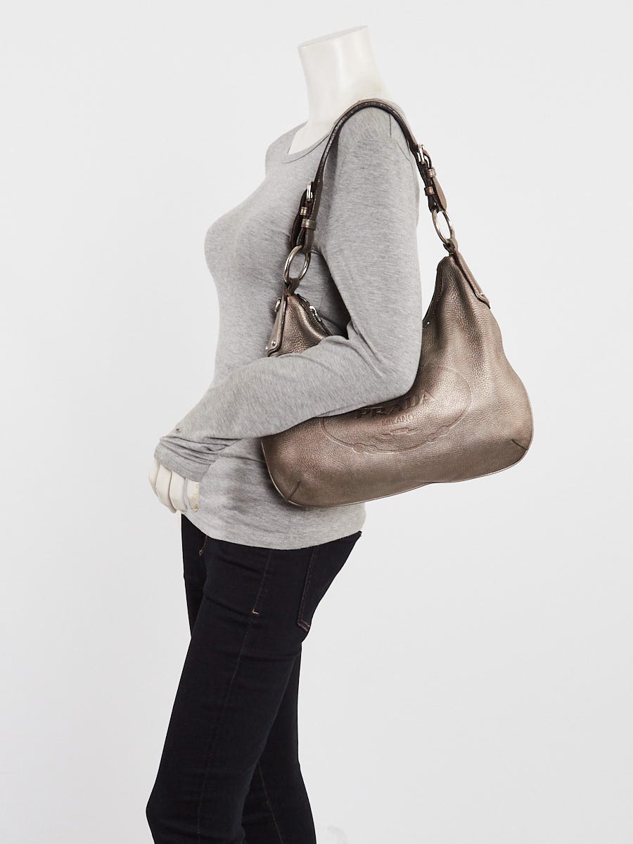 Prada Pewter Vitello Daino Leather Zip Top Hobo Bag 
