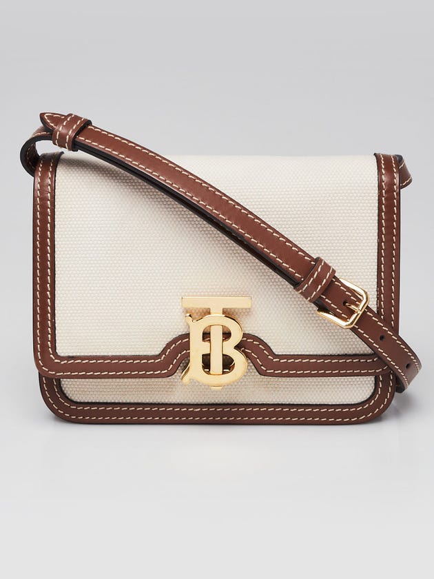 Burberry Brown/White Leather/Canvas Mini TB Shoulder Bag