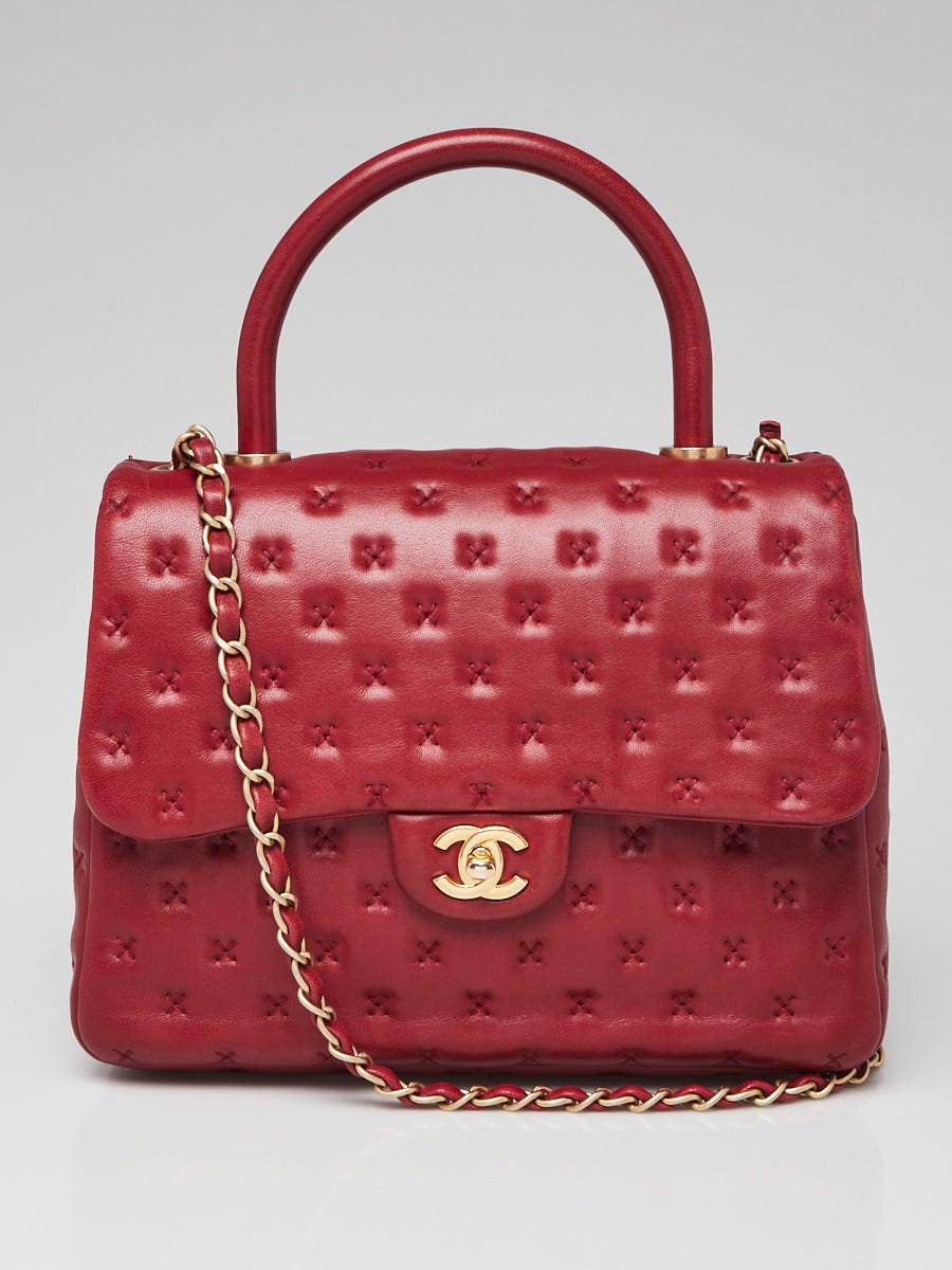 Chanel Red Quilted Cross Stitch Leather Small Coco Handle Bag