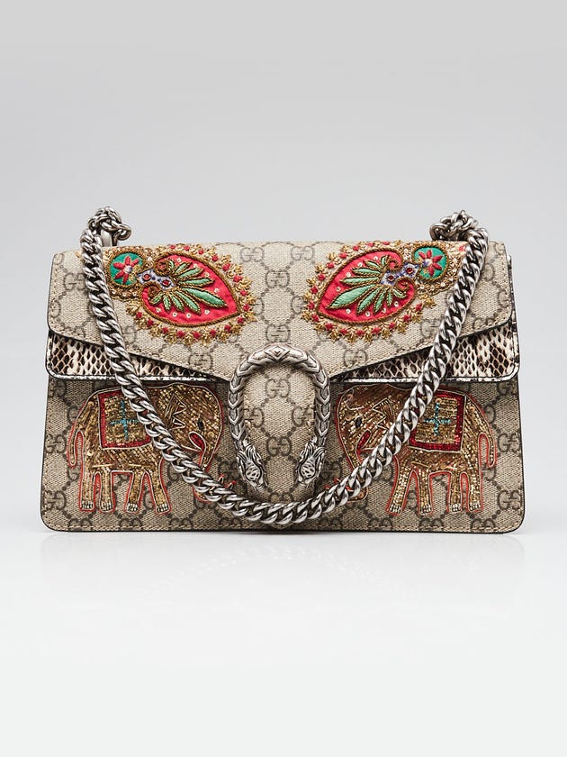 Gucci Beige GG Supreme Coated Canvas and Python Embroidered Dionysus Small Shoulder Bag
