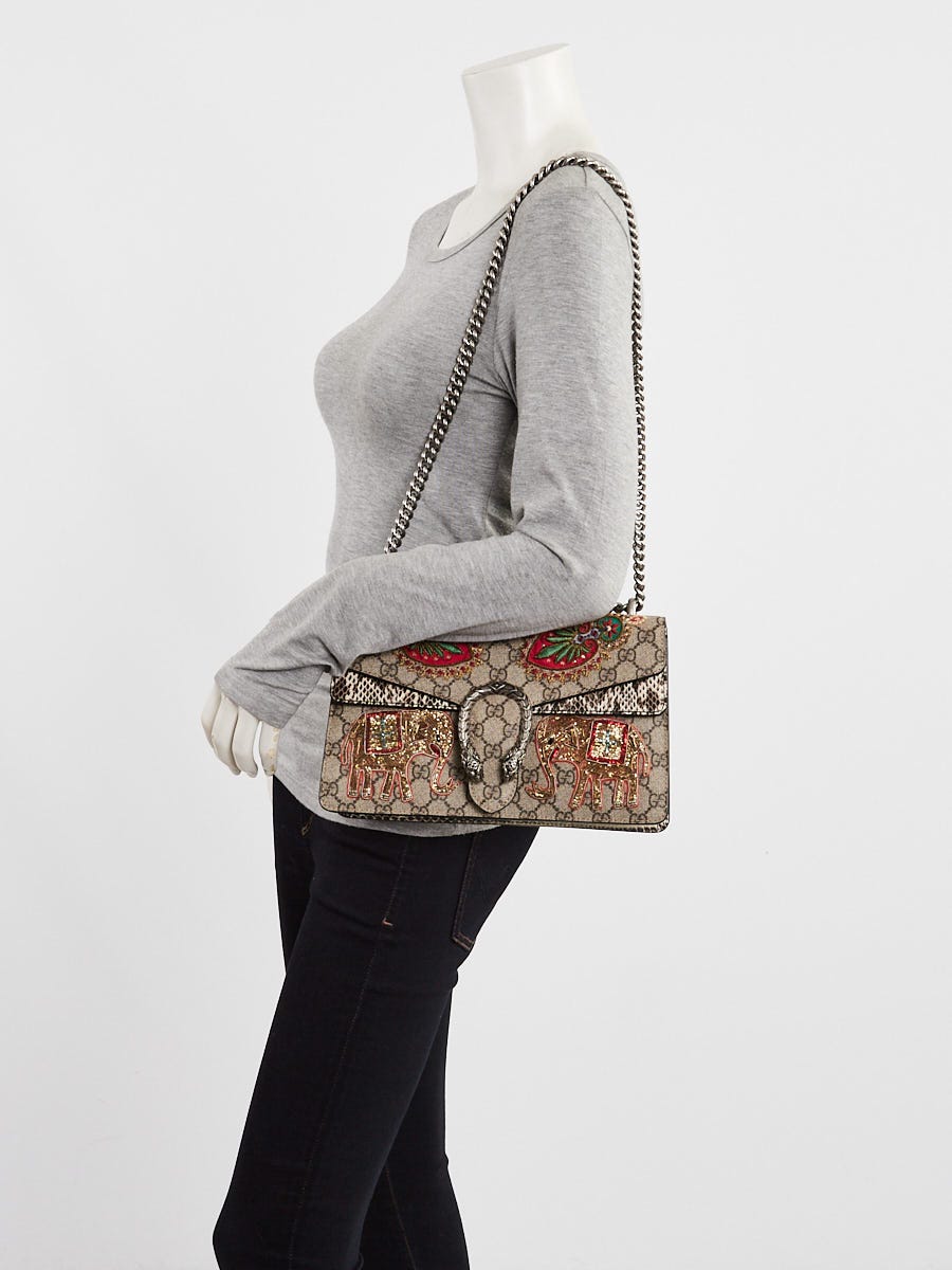 Gucci Beige GG Supreme Coated Canvas and Python Embroidered Dionysus Small Shoulder Bag