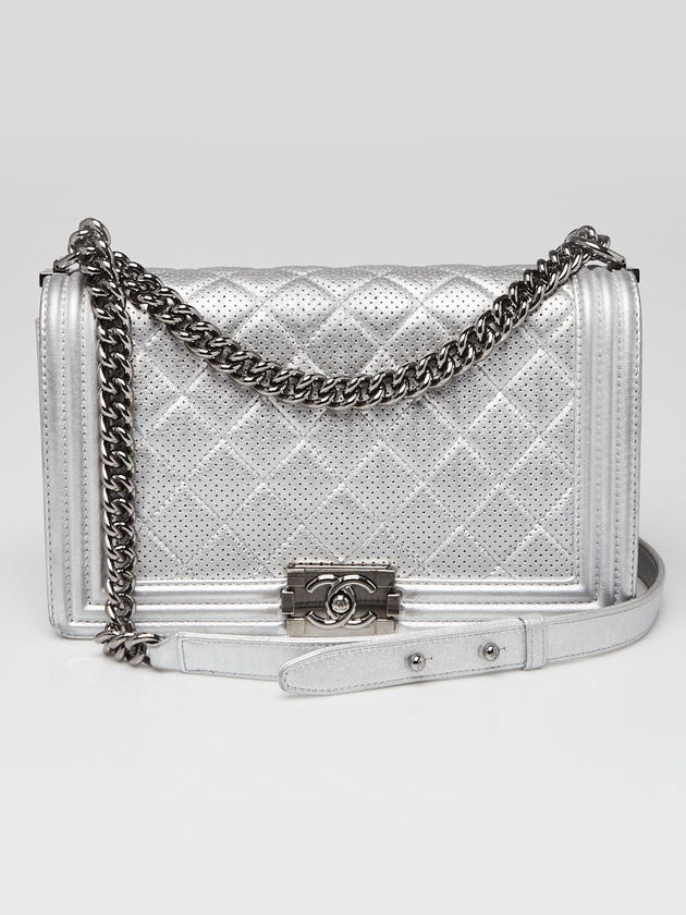 Chanel Silver Perforated Quilted Leather New Medium Boy Bag