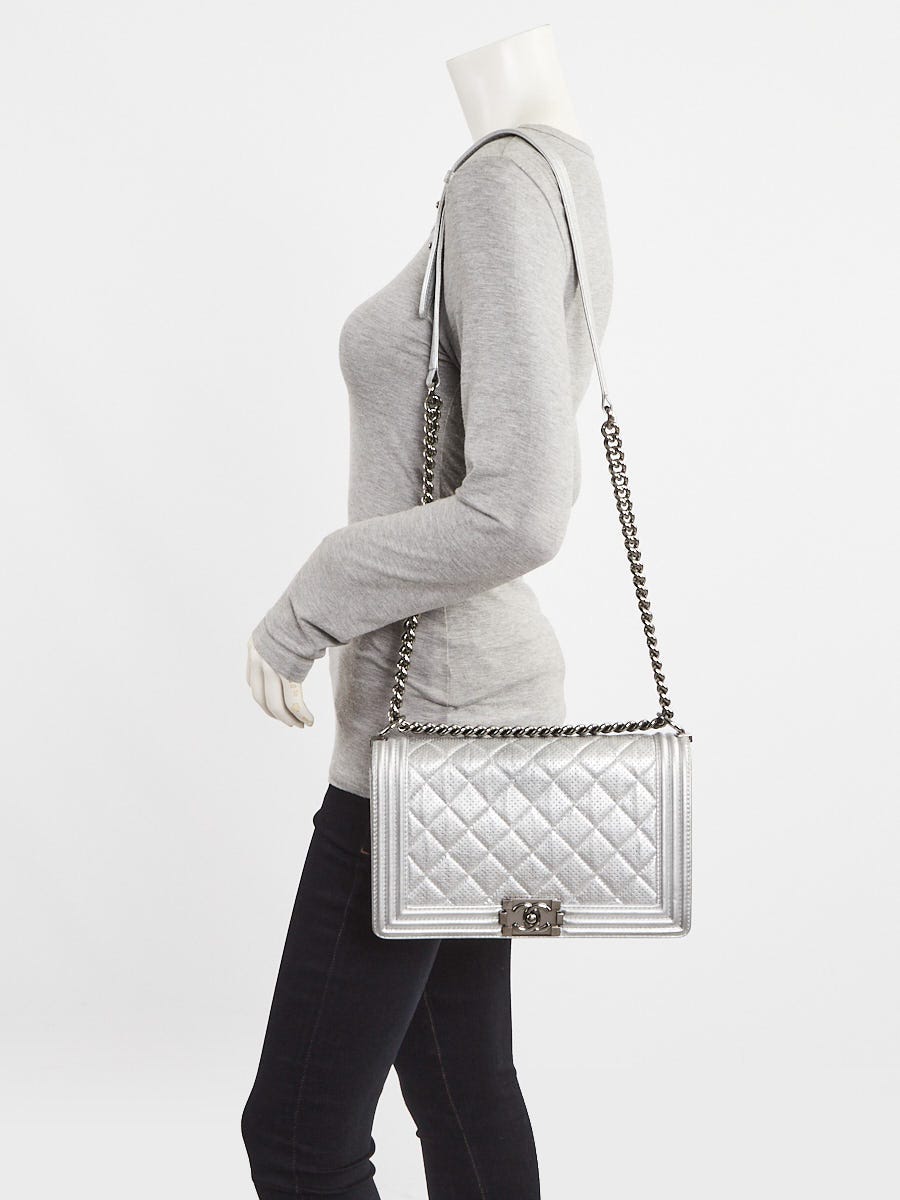 Chanel Silver Perforated Quilted Leather New Medium Boy Bag