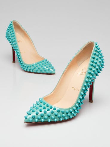 Christian Louboutin Aquamarine Leather Pigalle Spikes 100 Pumps Size 6/36.5