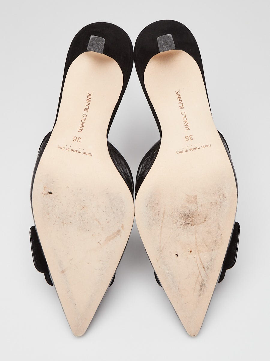 Manolo Blahnik Black Croc Emmbossed Leather Maysli 70mm