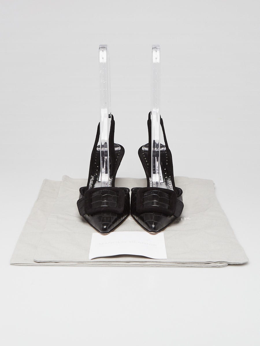 Manolo Blahnik Black Croc Emmbossed Leather Maysli 70mm