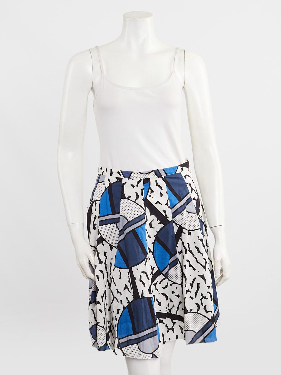 Prada White/Blue/Black Cotton Graphic Print Skirt Size 8/42