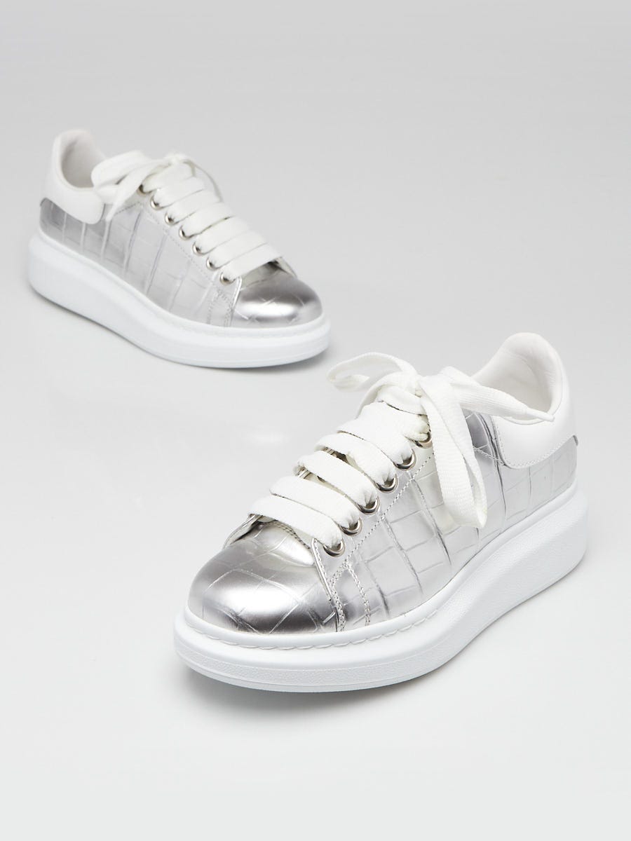 Alexander McQueen Metallic Silver Cubik Embossed Leather Larry Sneakers Size 5/35.5