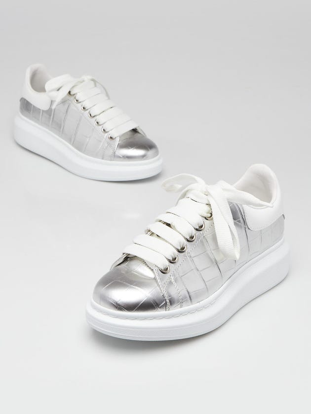 Alexander McQueen Metallic Silver Cubik Embossed Leather Larry Sneakers Size 5/35.5
