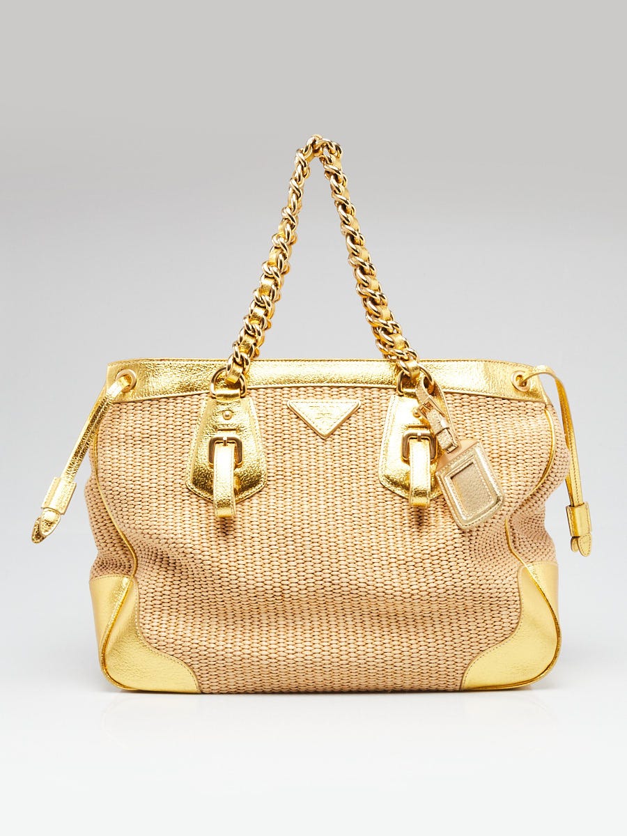 Prada Gold Leather and Straw Medium Shopping Tote Bag BR3690