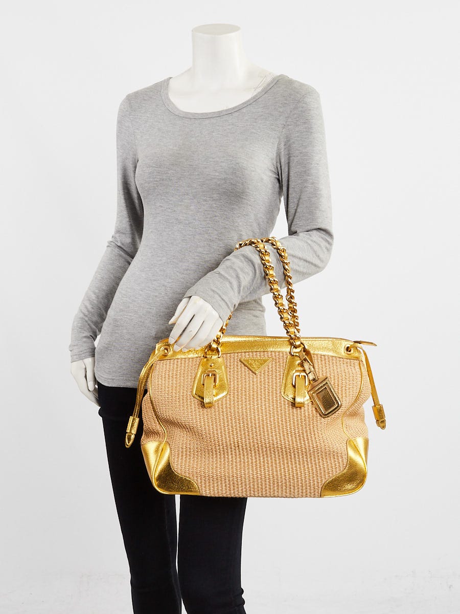 Prada Gold Leather and Straw Medium Shopping Tote Bag BR3690
