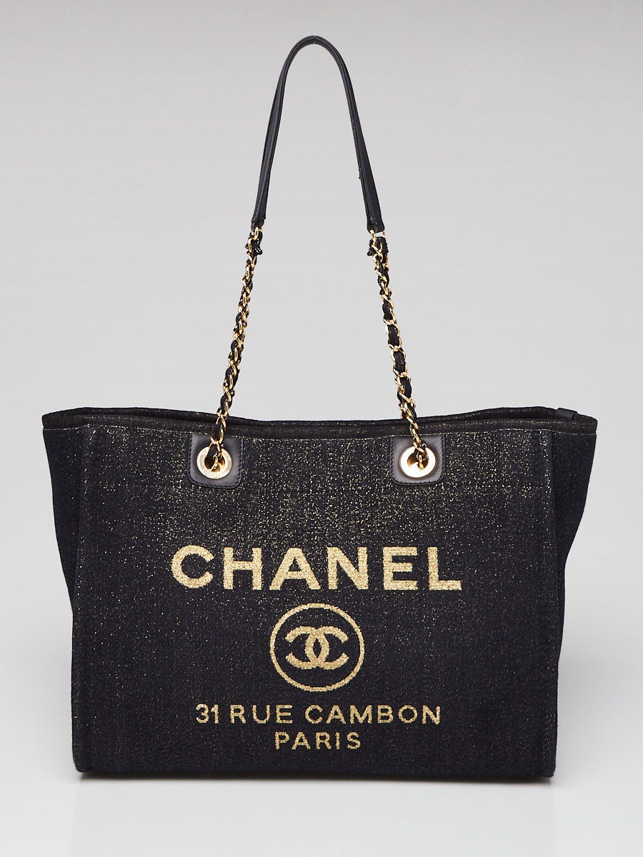 Chanel Navy Blue Lurex Canvas Small Deauville Tote Bag | Yoogi's