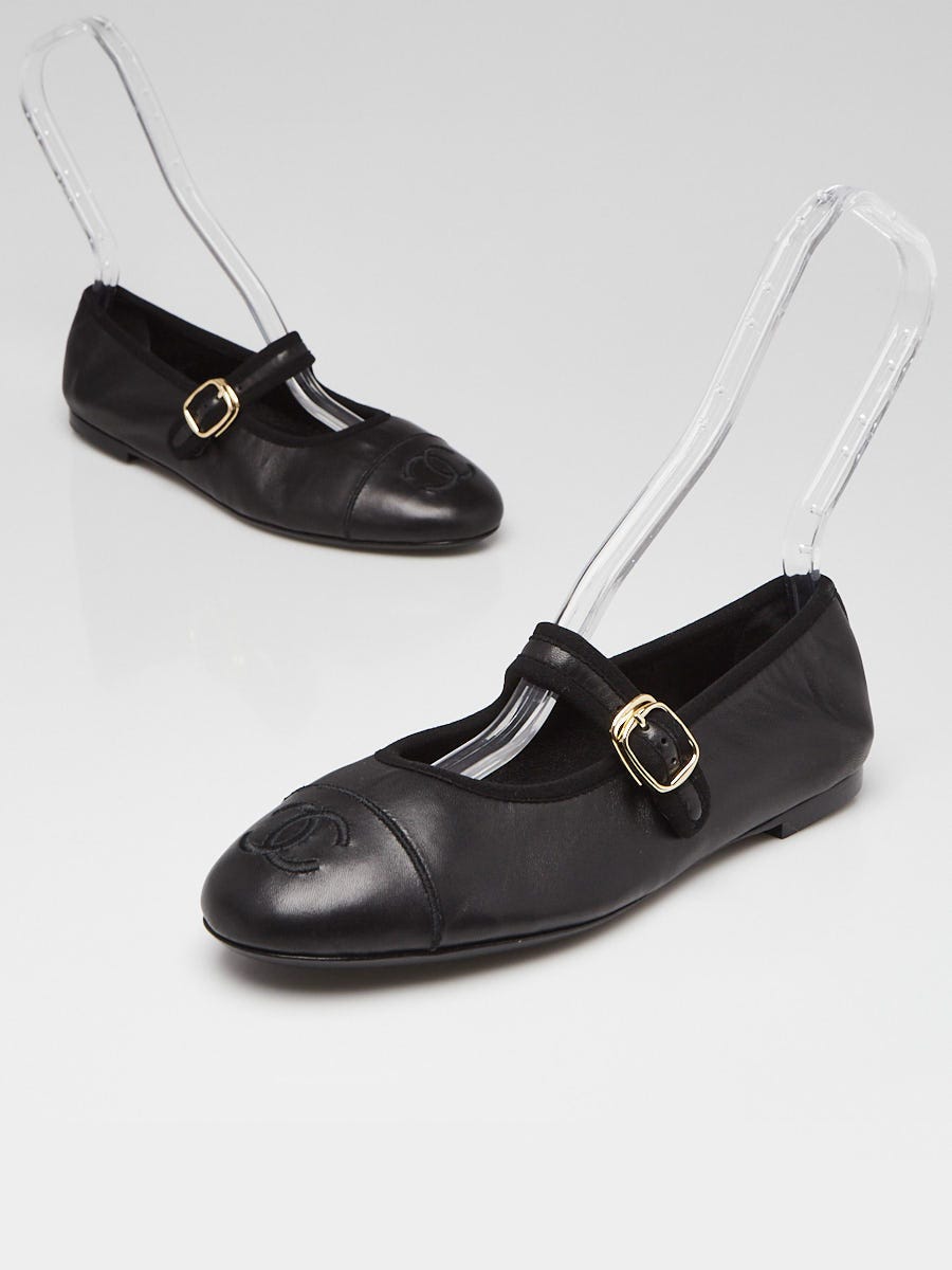 Chanel Black Leather Cap Toe CC Maryjane Flats Size 7.5/38
