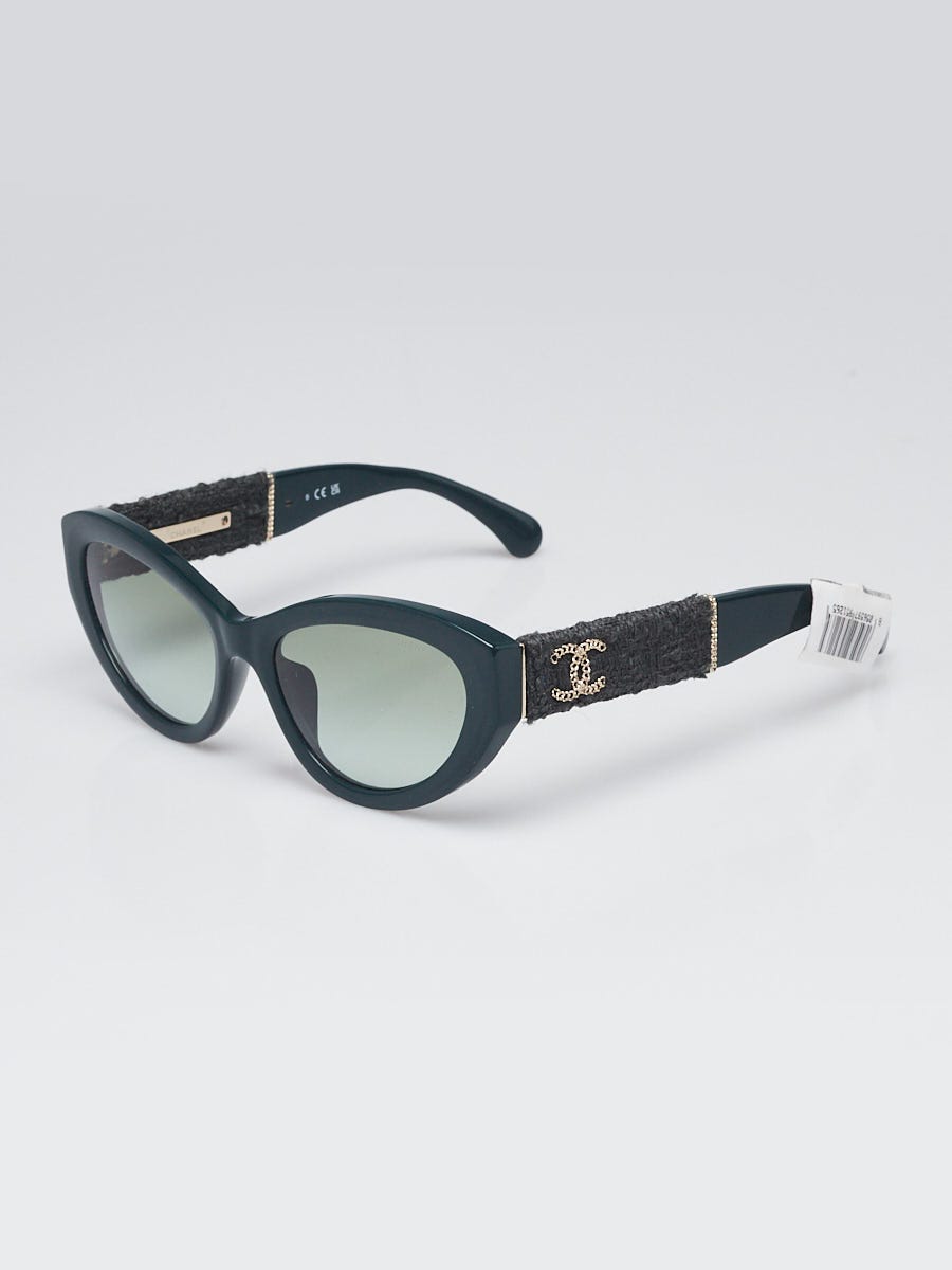 Chanel Green Acetate and Tweed Chain CC Cat Eye Sunglasses-5513-A