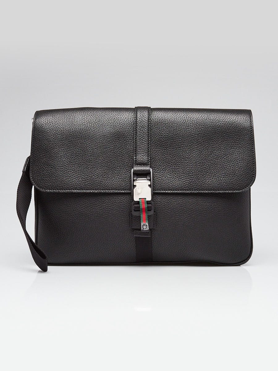 Gucci Black Pebbled Leather Web Medium Business Document Pouch