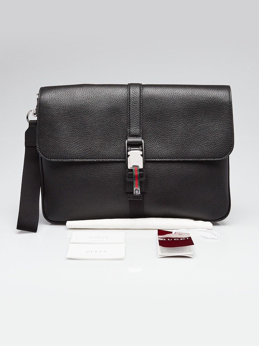 Gucci Black Pebbled Leather Web Medium Business Document Pouch