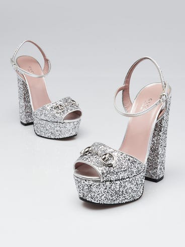 Gucci Silver Glitter Leather Horsebit Claudia Platform Sandals Size 6/36.5