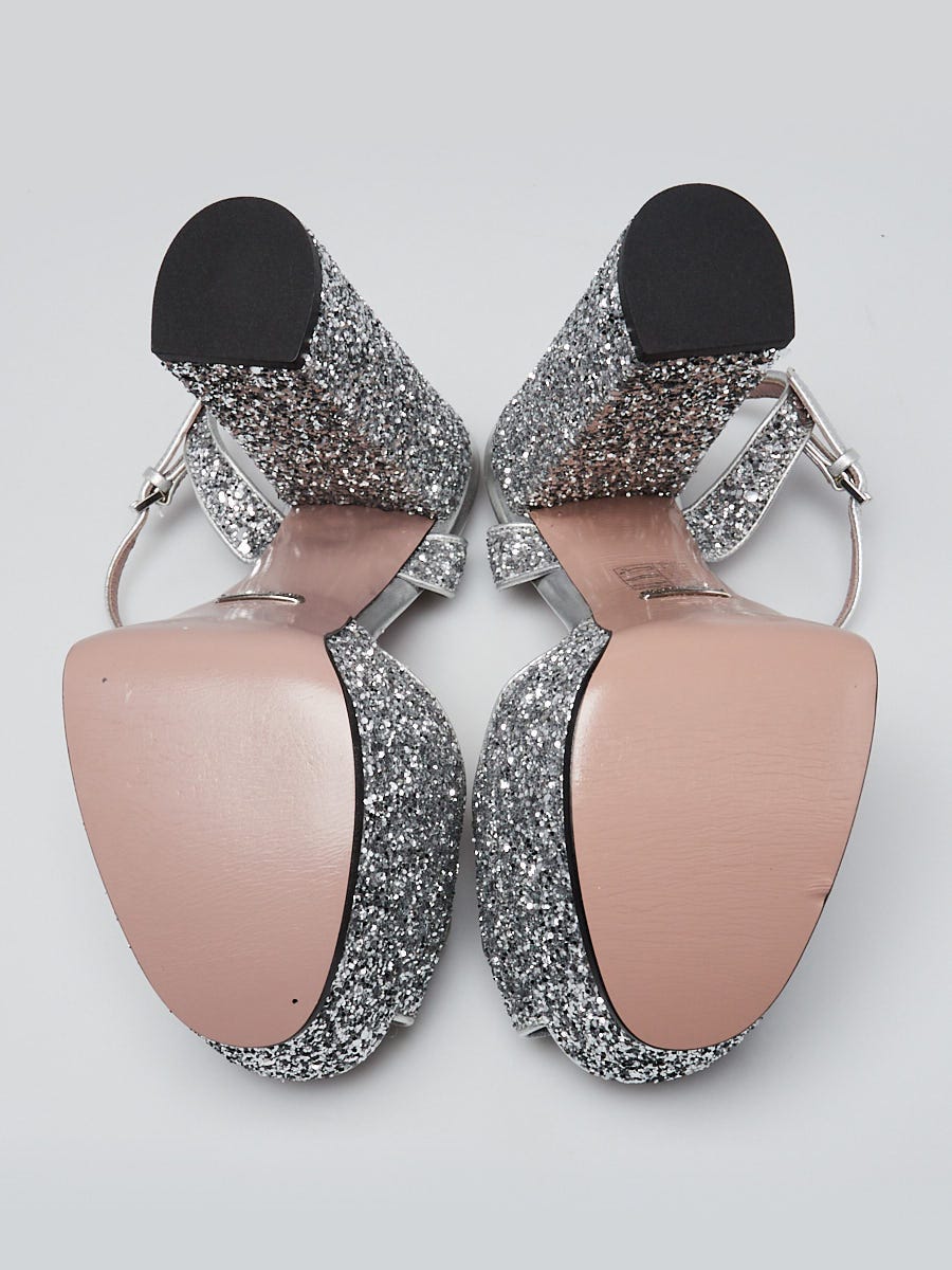 美品☆GUCCI メリックヘリテージGGラメ エスパドリーユ Gucci Silver Glitter Leather Horsebit Claudia Platform Sandals