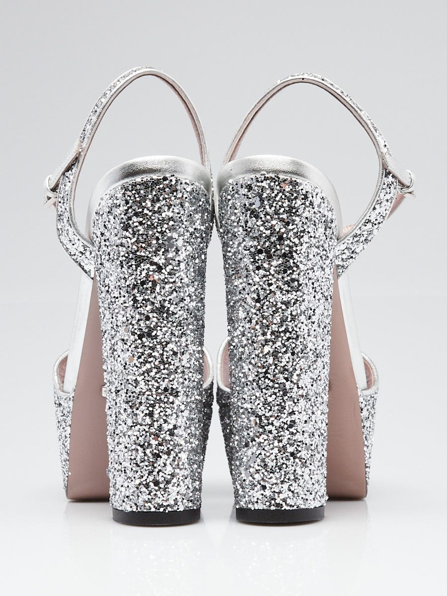 Gucci Silver Glitter Leather Horsebit Claudia Platform Sandals