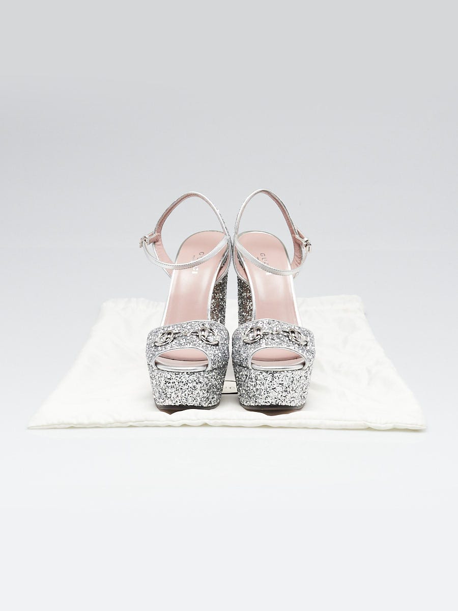 Gucci Silver Glitter Leather Horsebit Claudia Platform Sandals