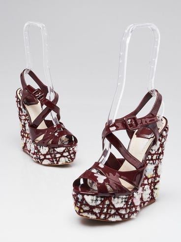 Christian Dior Burgundy Patent Leather Tweed Cannage Wedge Sandals Size 5.5/36