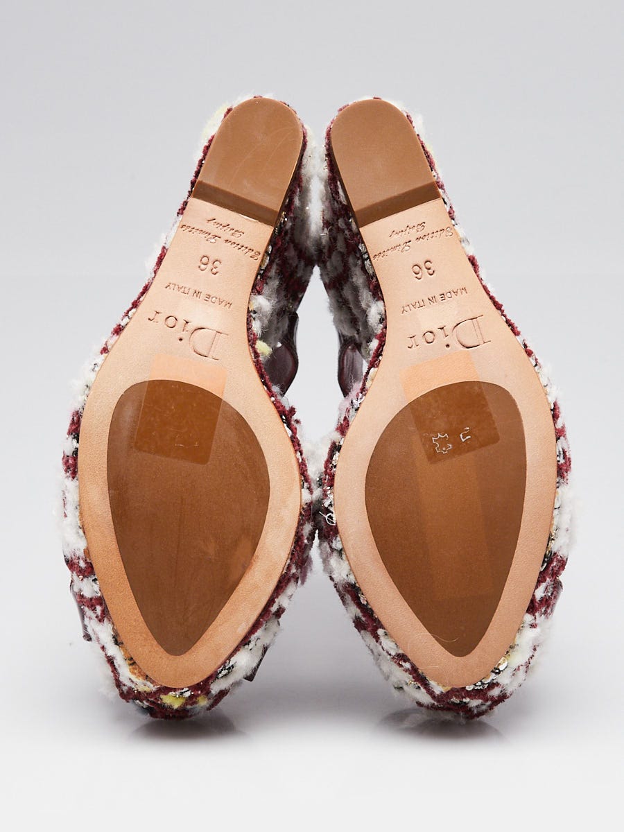 Christian Dior Burgundy Patent Leather Tweed Cannage Wedge Sandals Size 5.5/36
