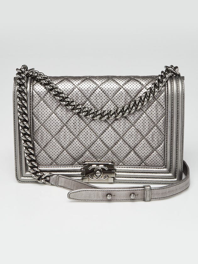 Chanel Dark Silver Perforated Quilted Leather New Medium Boy Bag
