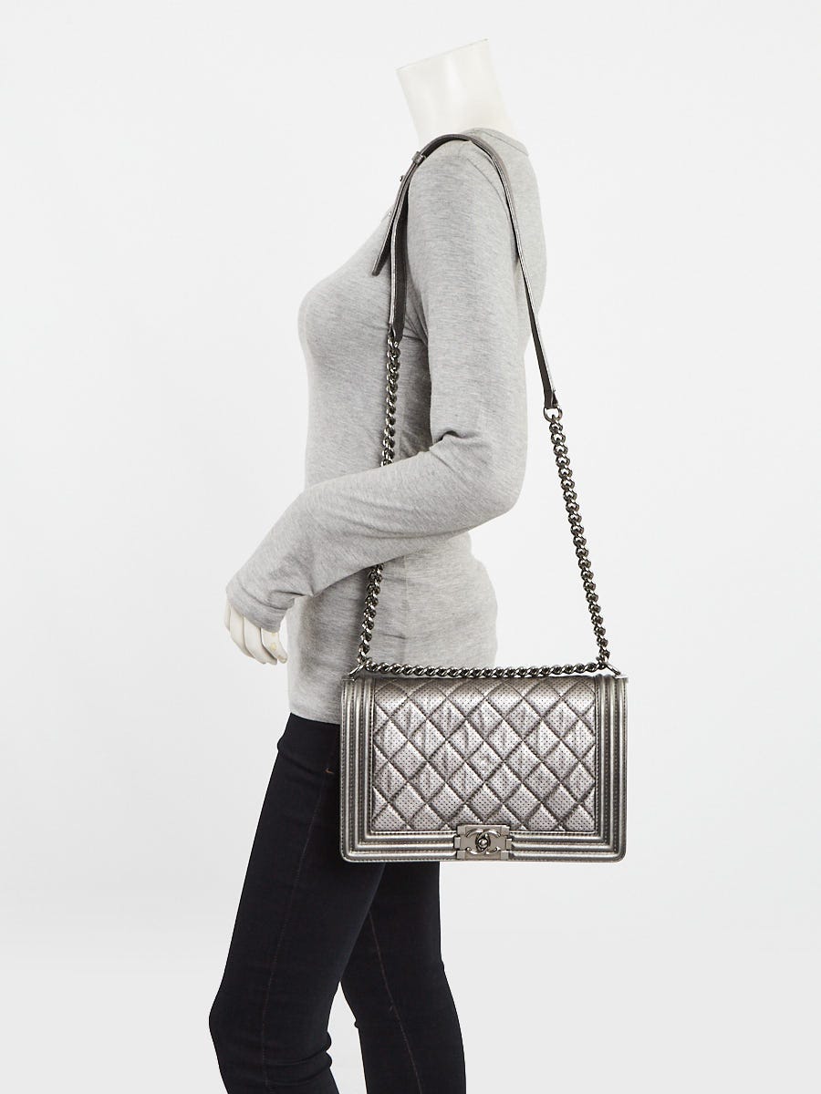 Chanel Dark Silver Perforated Quilted Leather New Medium Boy Bag