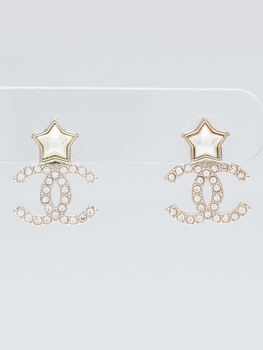 Chanel Gold Metal Pearl Crystal CC Star Drop Earrings