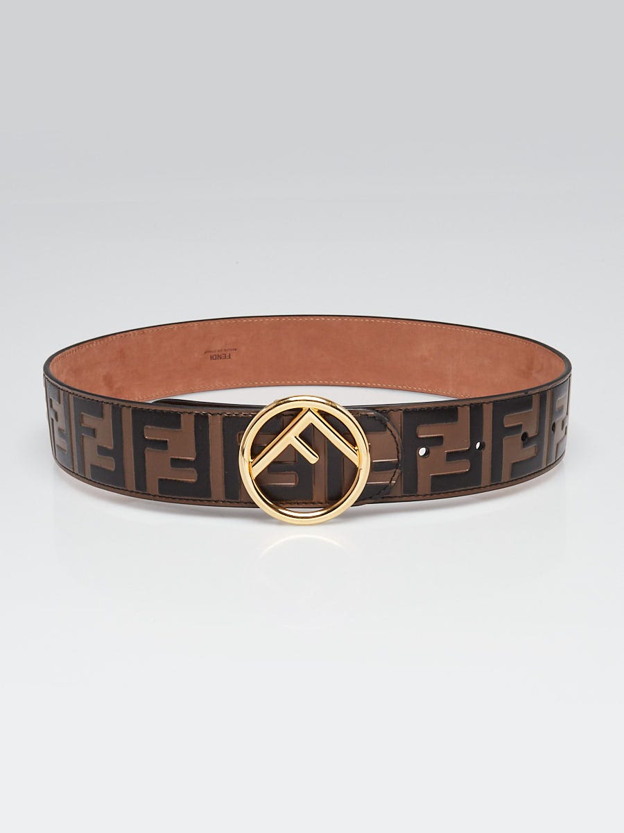 Fendi Brown/Black FF Embossed Leather Logo Belt Size 70/28