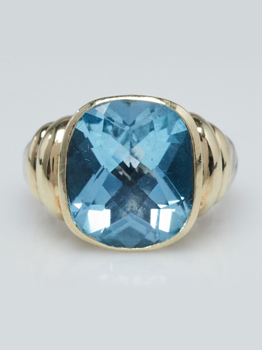 David Yurman Blue Topaz Noblesse 14K Gold with Silver Cable Ring Size 6