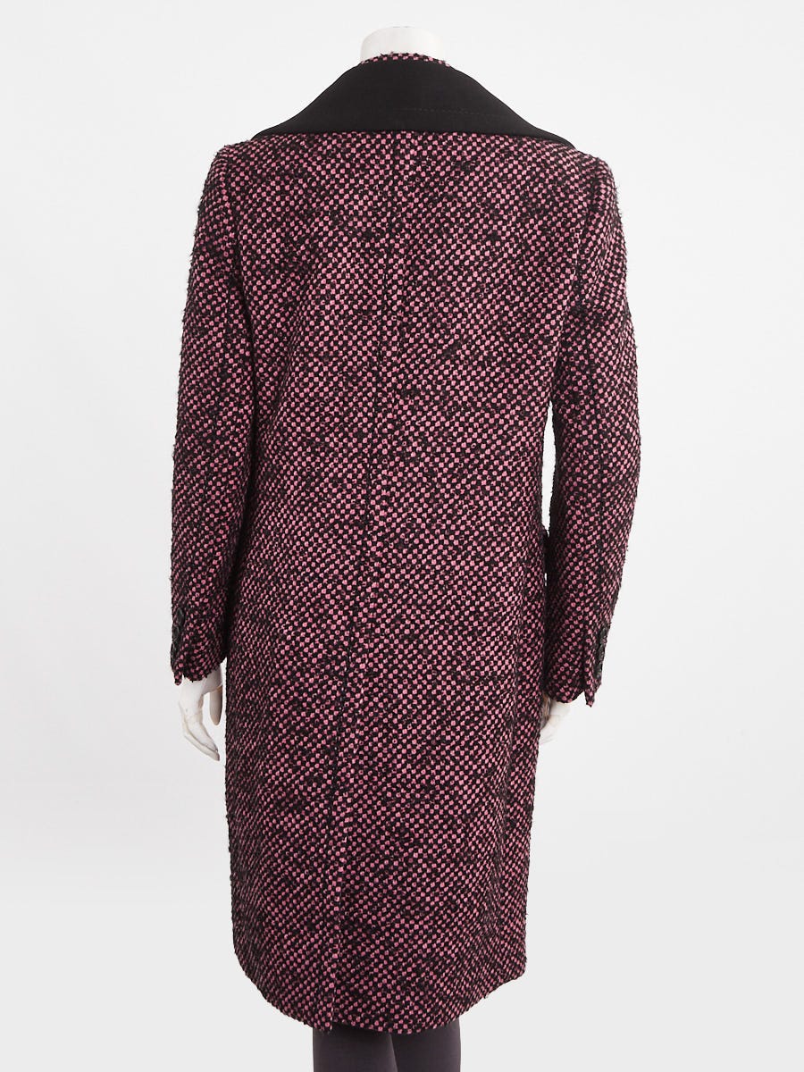 Prada Black/Pink Wool Blend Check Long Coat Size 8/42