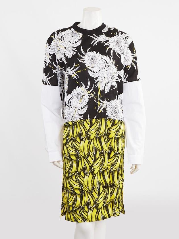 Prada Black/White/Yellow Cotton Graphic Print Long Sleeve Dress Size S