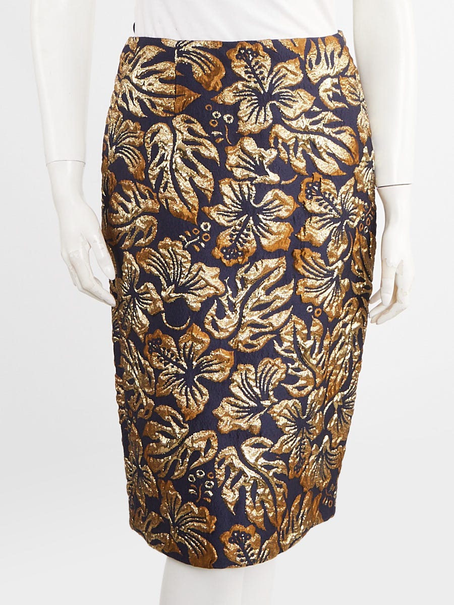 Prada Blue/Gold Polyester Brocade Floral Pencil Skirt Size 6/40