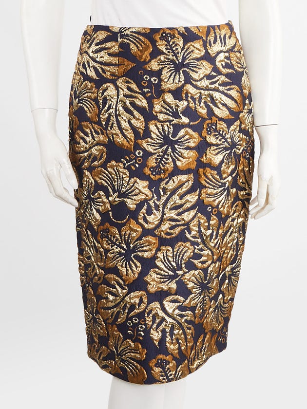 Prada Blue/Gold Polyester Brocade Floral Pencil Skirt Size 6/40