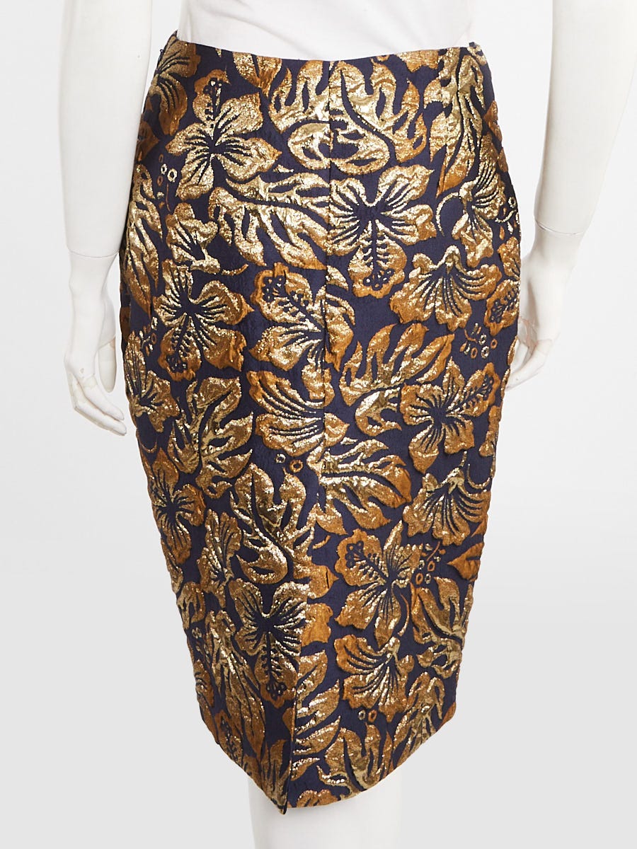 Prada Blue/Gold Polyester Brocade Floral Pencil Skirt Size 6/40