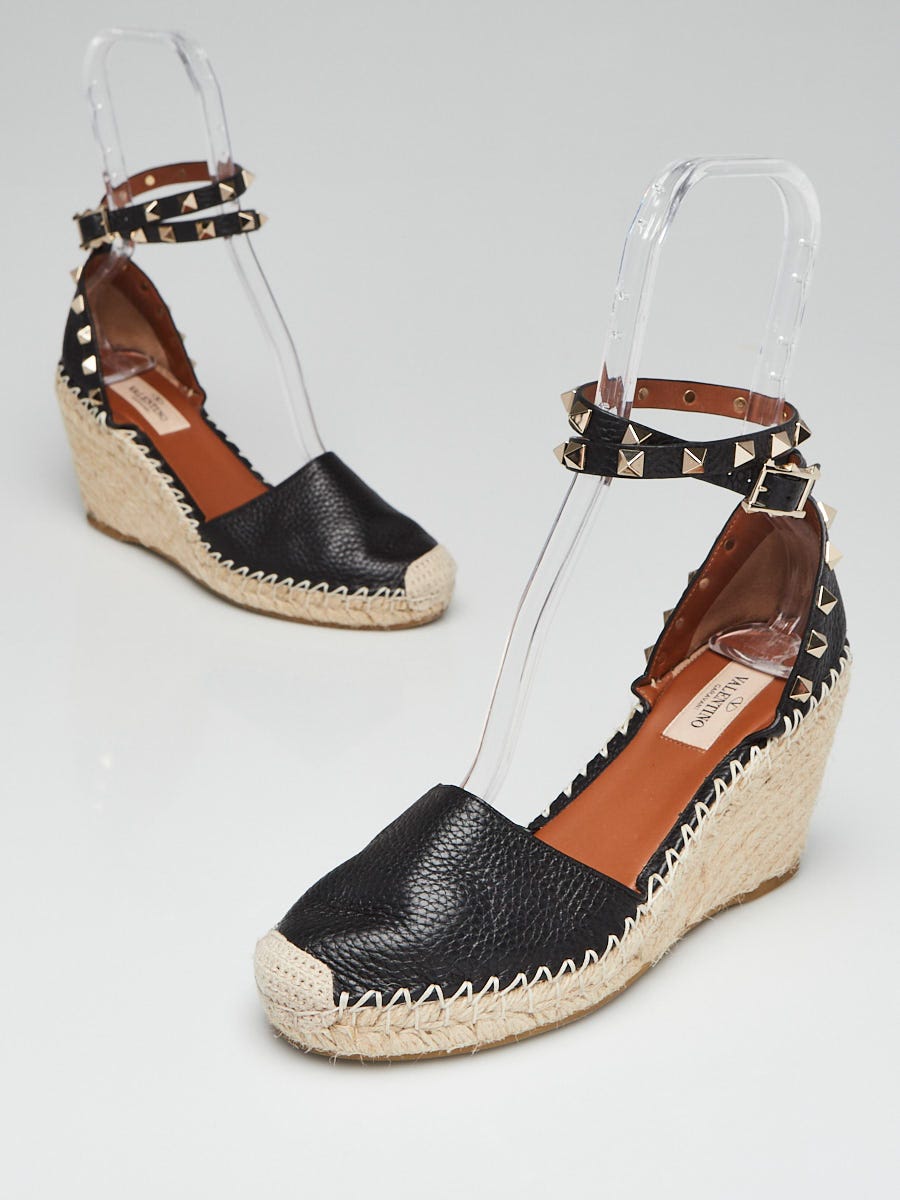 Valentino Black Leather Rockstud Stitched Espadrille Wedge