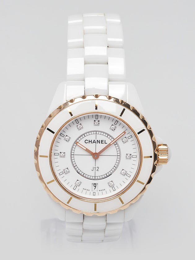 Chanel White J12 Ceramic with 18k Yellow Gold and Diamonds 38mm Quartz Watch -H2180