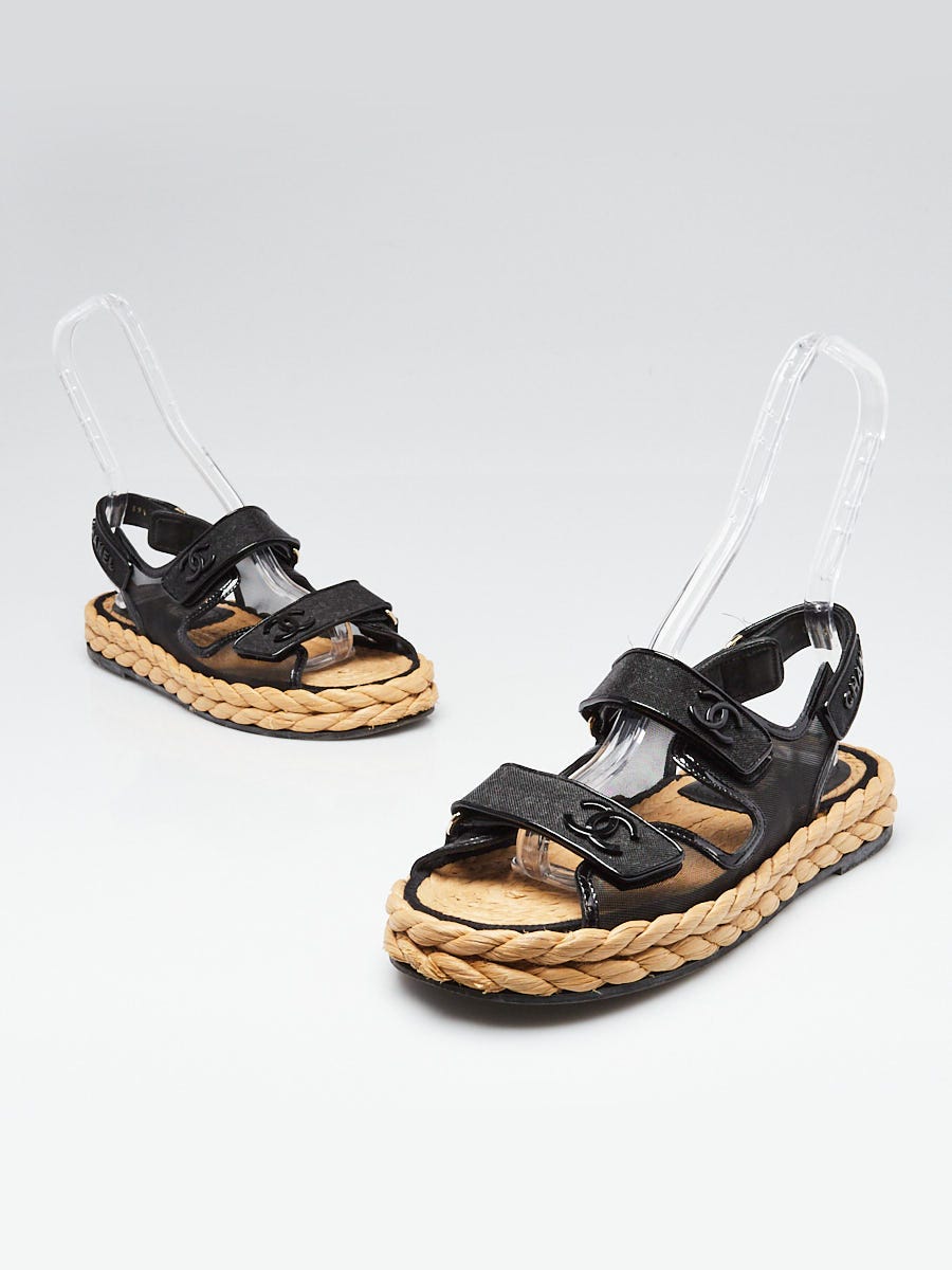 Chanel Black Mesh Woven Straw CC Velcro Dad Sandals Size 9