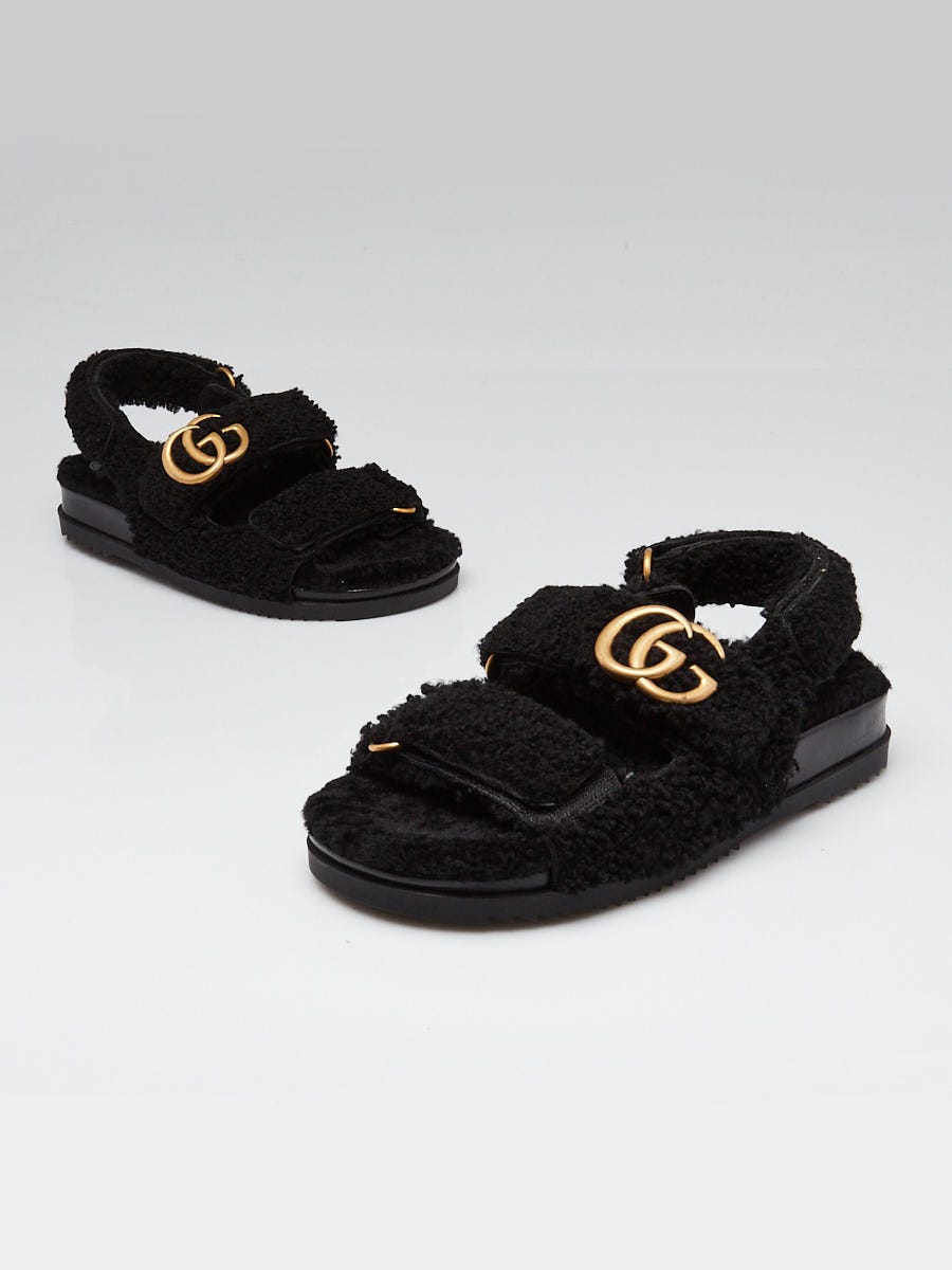 Gucci Black Shearling Velcro Dad Sandals Size 6.5/37 | Yoogi's Closet