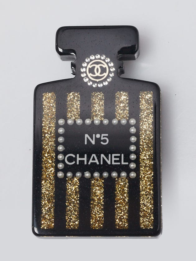Chanel Black Resin Crystal No. 5 Perfume Bottle CC Brooch