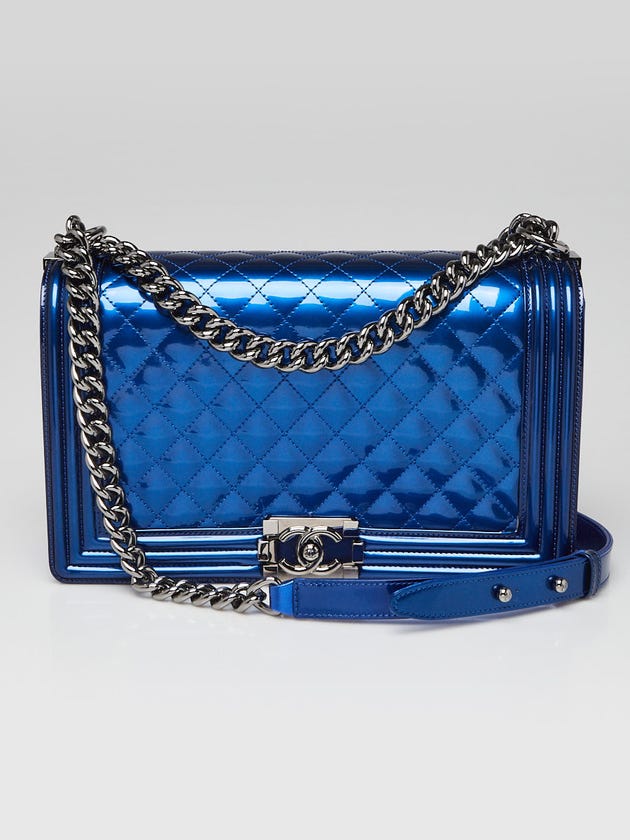 Chanel Blue Metallic Quilted Patent Leather New Medium Boy Bag