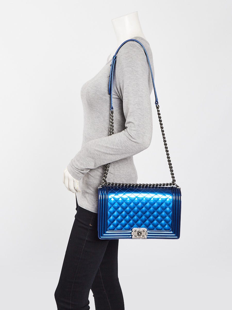 Chanel Blue Metallic Quilted Patent Leather New Medium Boy Bag