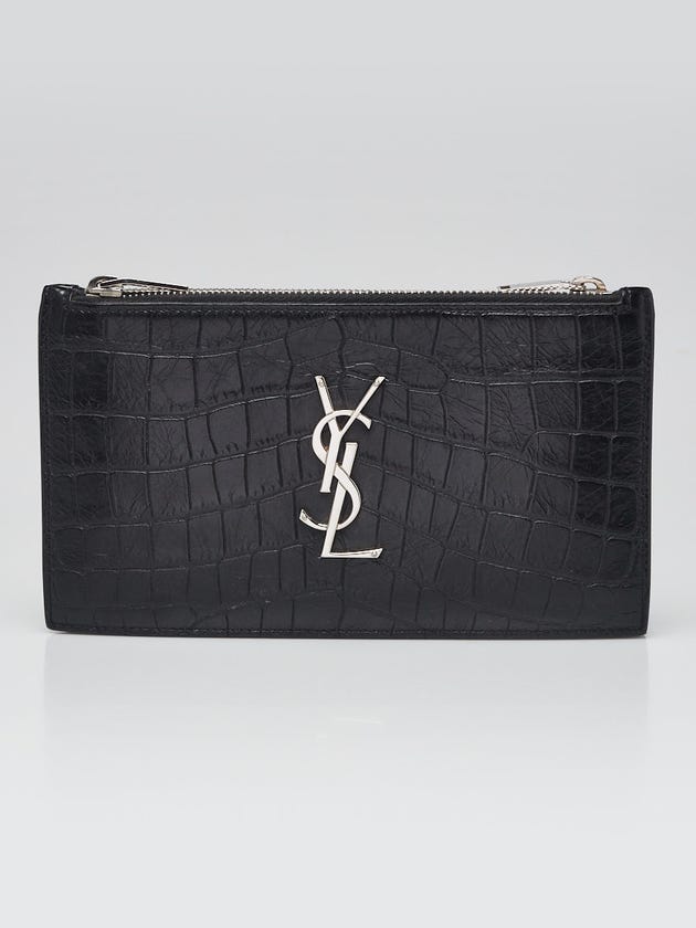 Yves Saint Laurent Black Crocodile Embossed Leather Double Zip Wallet