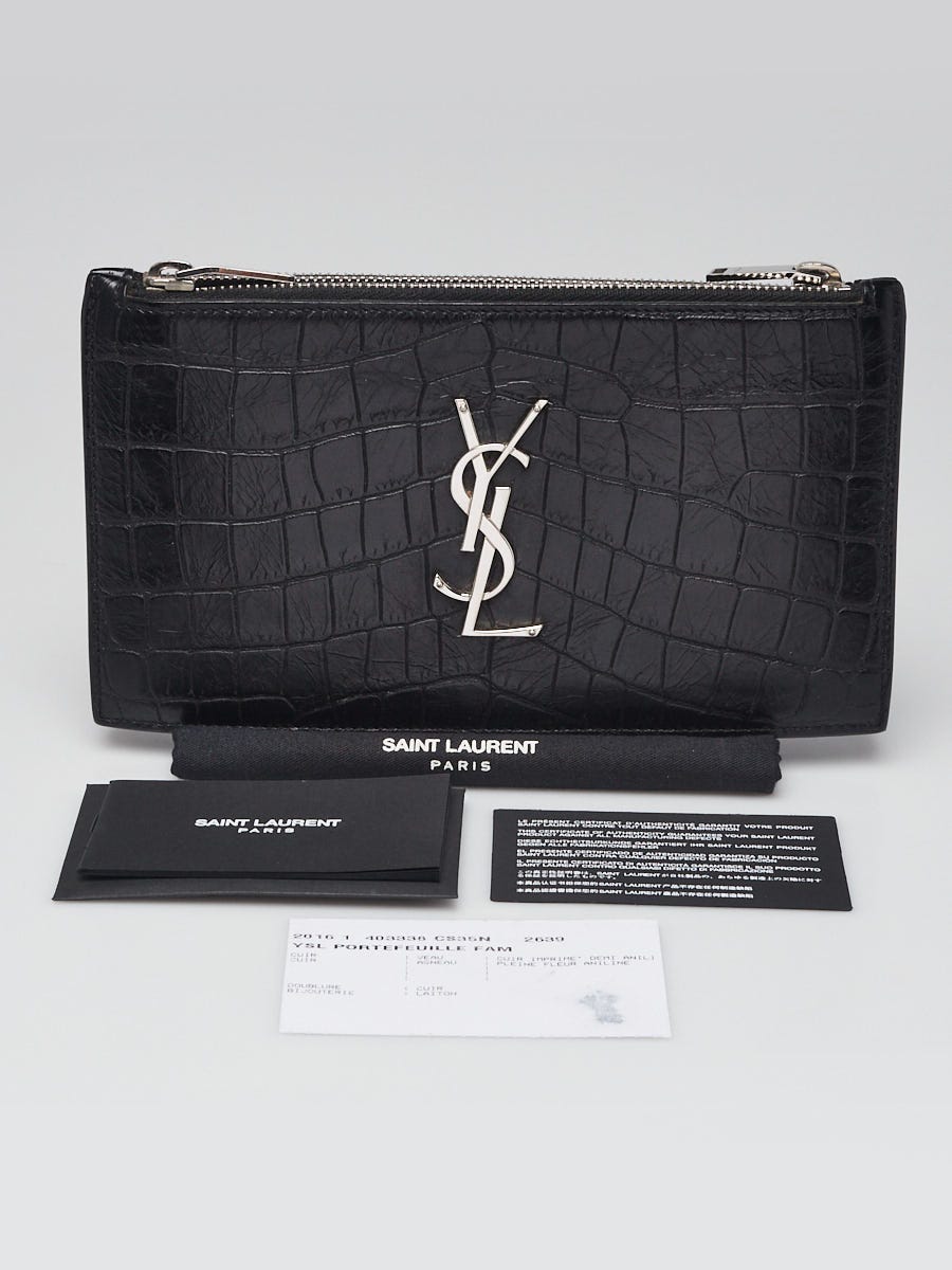 Yves Saint Laurent Black Crocodile Embossed Leather Double Zip Wallet