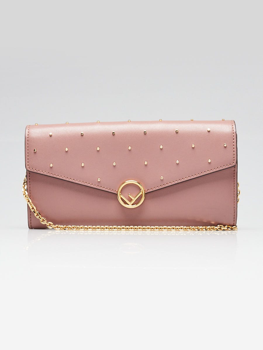 Fendi Dark Pink Studded Leather Continental Wallet On Chain 8M0365