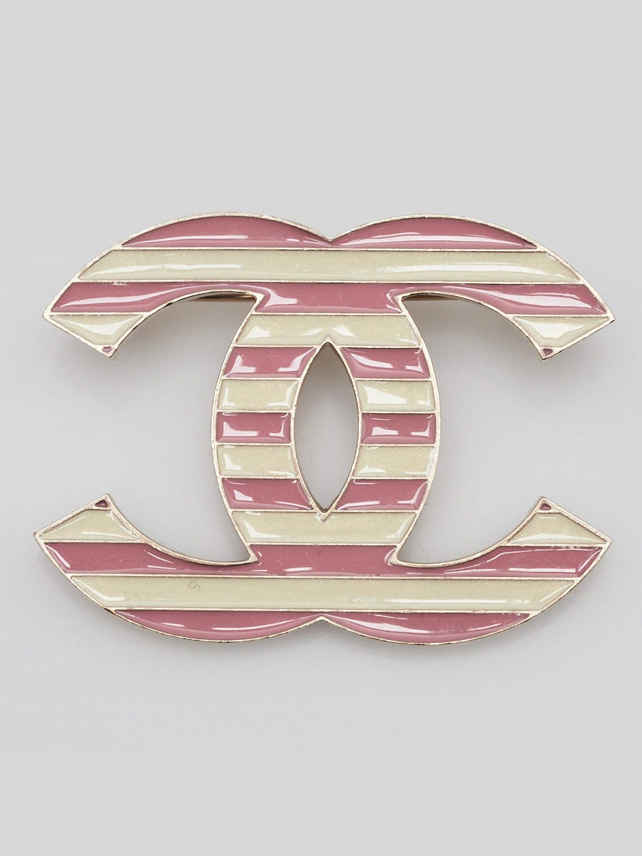 Chanel Gold Metal Pink Resin Striped CC Brooch